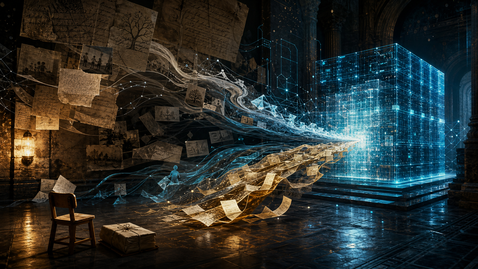 Family memories and computational paths flowing into a luminous ledger.