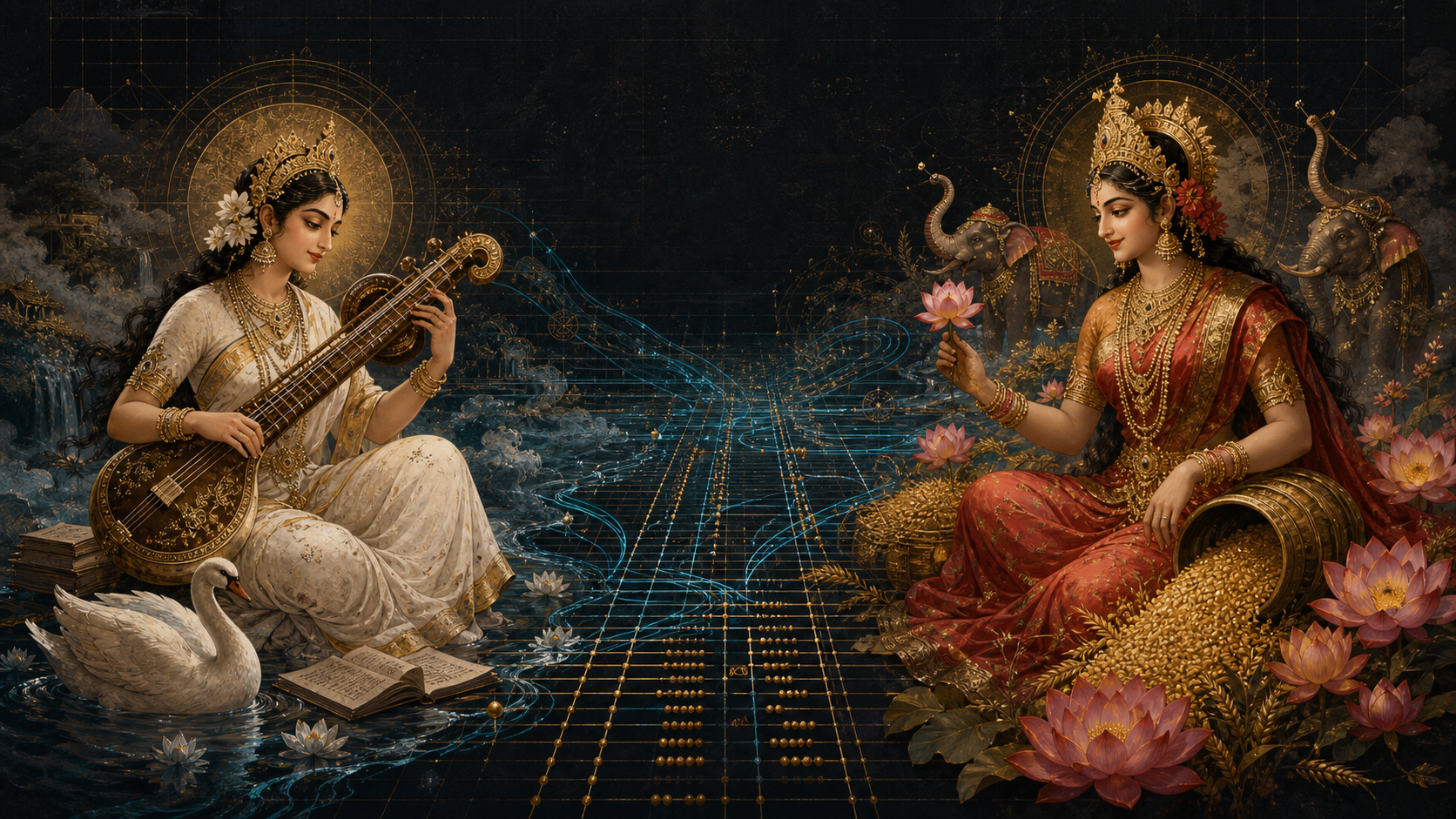 A contemporary generated interpretation of Saraswati and Lakshmi connected by water, brass ledger lines, and cyan computational paths.