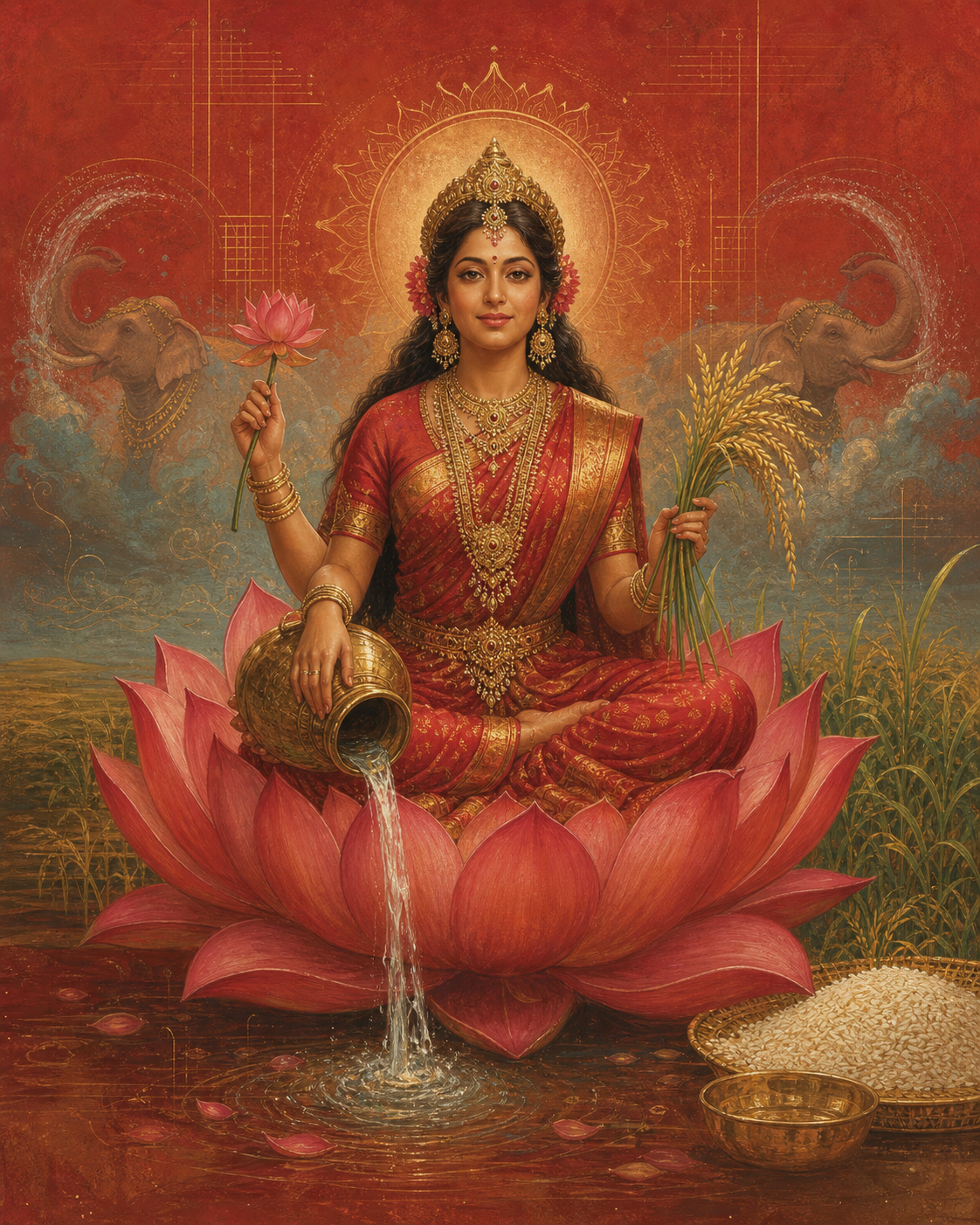Generated editorial portrait inspired by Lakshmi with a lotus, grain, flowing water, and elephants.