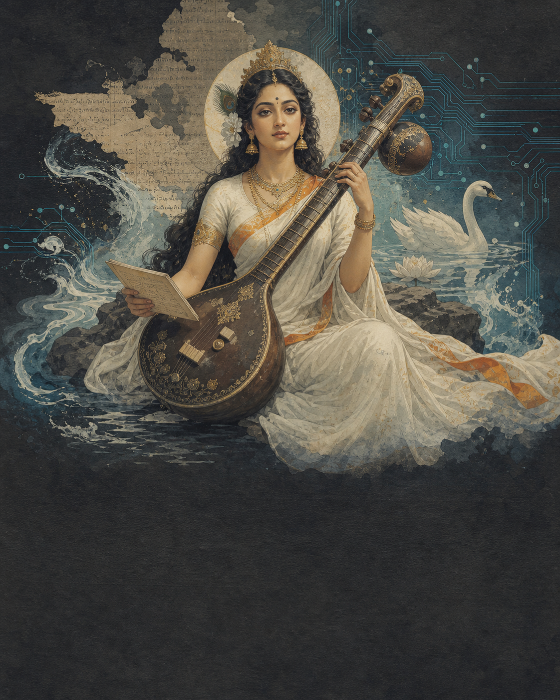 Generated editorial portrait inspired by Saraswati with a veena, manuscript, water, swan, and circuit-like lines.